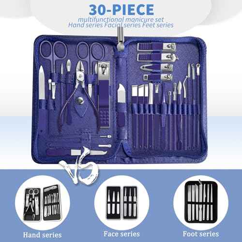 Manicure Set Personal Care Mens Grooming Kit, 30 in 1 Professional Manicure Kit Pedicure Kit, Nail Clippers for Men and Beauty Tool Portable Set, with Luxurious Travel Case (Blue)