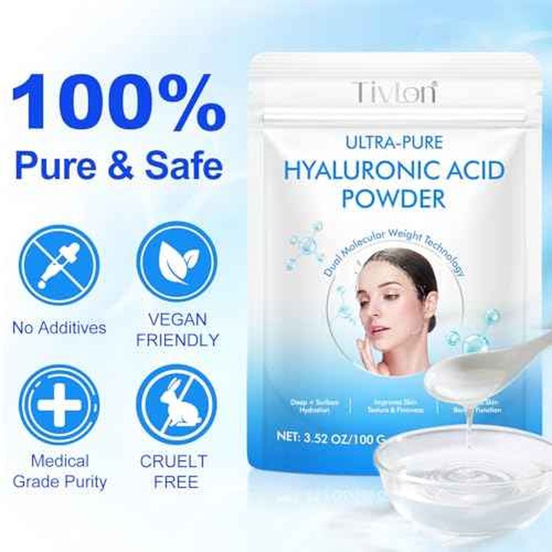 Hyaluronic Acid Serum Powder for Skin,Low and High Molecular Weight,Cosmetics Grade Skin Hydration and Moisture Support Supplements - Vegan, Water Soluble 100 Grams