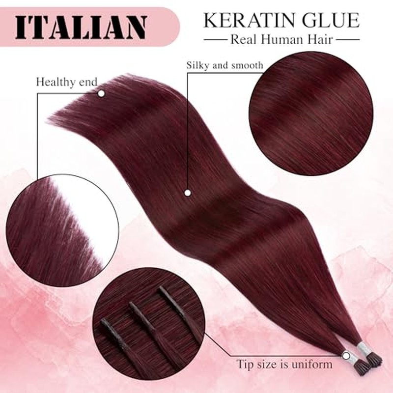 Senmy Burgundy Red I Tip Hair Extensions 20inch Cold Fushion I Tip Hair Extensions Human Hair, 50g Invisible Microbead Extensions Human Hair