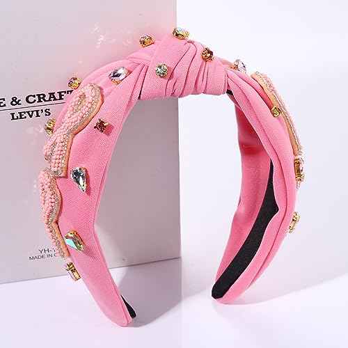Pink Knotted Headband Sparkly Rhinestone Breast Cancer Awareness Knot Headband Crystal Jeweled Pink Ribbon Fright Beaded Twist Hairband Headpiece Breast Cancer Awareness Hair Accessories Gift for