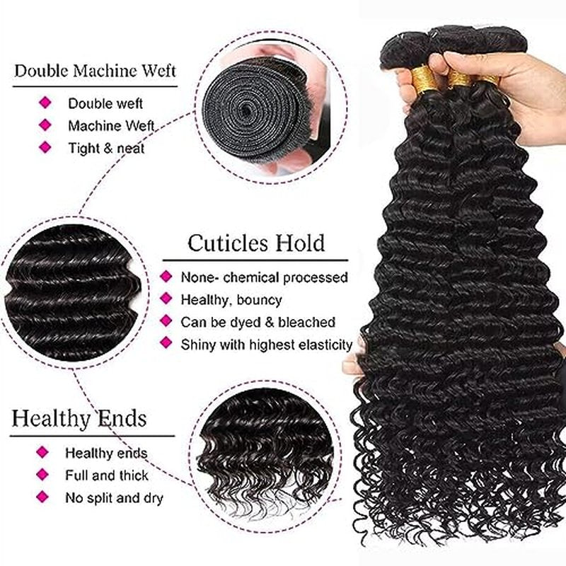 Deep Wave Bundles Human Hair 10A Brazilian Virgin Human Hair Bundles 100% Unprocessed 10 12 14 Inch Water Wave Bundles Double Weft Deep Curly Weave 3 Bundles Natural Color