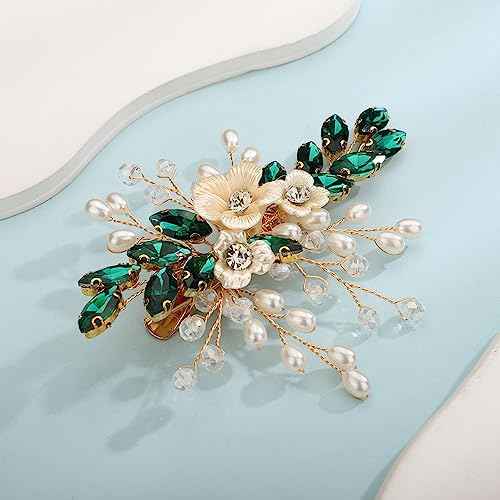 Teyglen Crystal Bridal Hair Clip Wedding Flower Green Rhinestone Hair Clips Handmade Pearls Crystal Hair Pieces Barrette Wedding Hair Accessories for Bride Floral Flower Headpieces for Women Girls