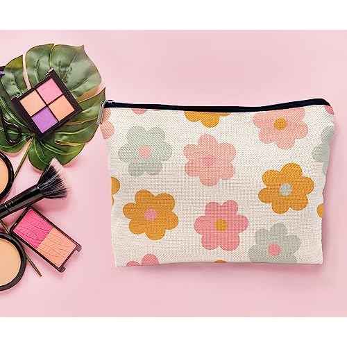 Retro Groovy 60s 70s Daisy Flowers Makeup Bag Cosmetic Bag Zipper Pouch Toiletry Bags,Groovy Gifts for Women Teen Girls Her