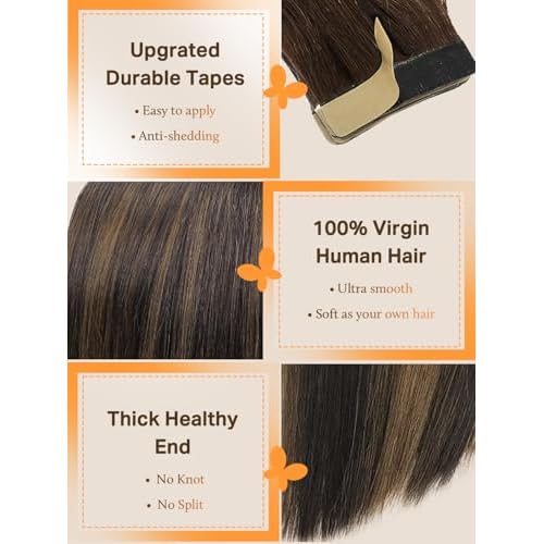 DOORES Tape in Hair Extensions, Balayage Dark Brown to Chestnut Brown 25g 10pcs 18 Inch Remy Straight Hair Skin Weft