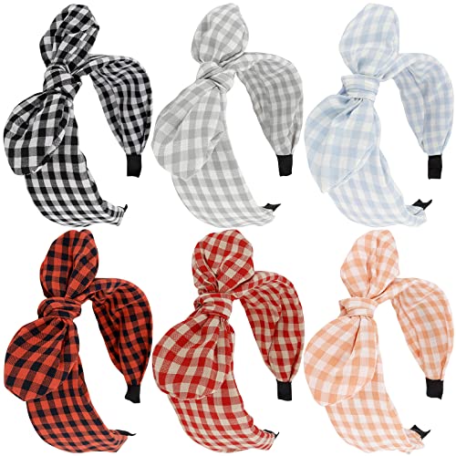 TOBATOBA 6Pcs Plaid Headbands With Bow, Cute Knotted Wide Headband, Christmas Hair Accessories for Women Girls, Bunny Ears Red Headwraps