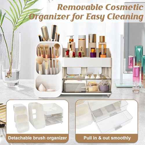 Makeup Organizer Countertop, Vanity Organizer with Brush Holder, Cosmetic Display Case with Drawers, Skincare Organizer for Dresser, Bathroom, Makeup Storage Holder for Women Christmas gifts