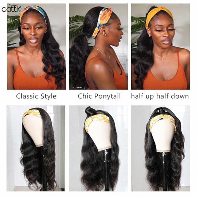 catti Headband Wig Human Hair Body Wave Headband Wigs Glueless None Lace Front Wigs Human Hair Brazilian Virgin Hair Machine Made Half Wigs for Black Women 150% Density (16" Headband wigs)