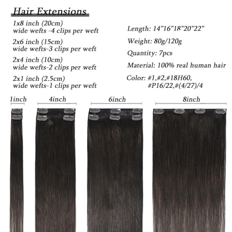 Savasana Clip in Hair Extensions Real Human Hair Straight 7 Pcs Hair Extensions Double Weft Thick Dark Brown 16 Inch 120g
