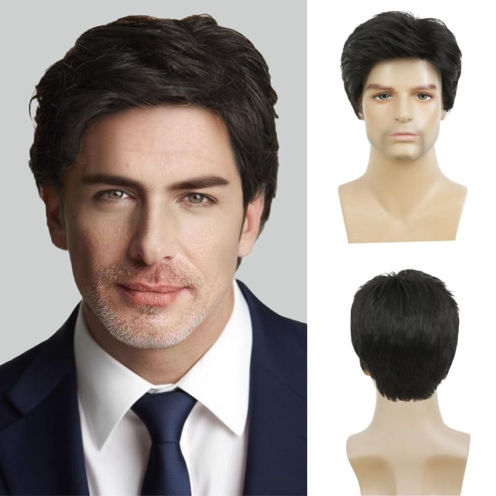 Men's Short Black Wig - Layered Straight Fluffy Hair for Daily Cosplay | Comfortable Fit