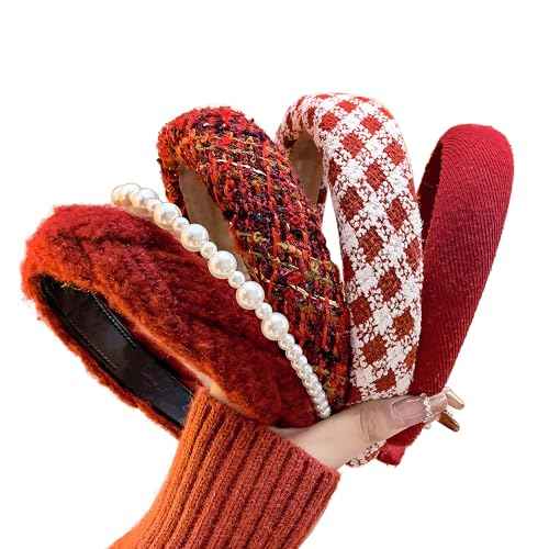 Fashion Headbands Set - 5pcs Red Wide Pearl Rhinestone Padded Hair Accessories for Women, Mothers Day, Valentine's Day, Christmas