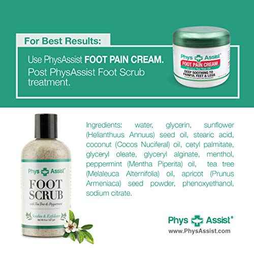 PhysAssist Foot Scrub 8 oz. with Tea Tree, Peppermint Soothes and Exfoliates Promoting a Deep Cooling Sensation Leaving Feet Feeling Calm and Refreshed.