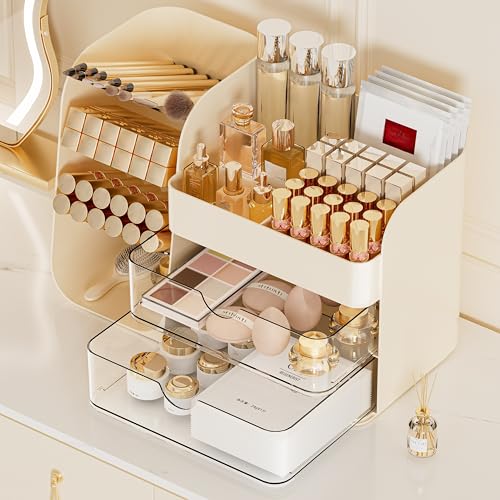 Makeup Organizer with 2 M Drawers & Brush Holders - Cosmetic Storage Case for Vanity, Bathroom Countertop & Desk - Skincare & Office Supplies Organizer (Cream, M)