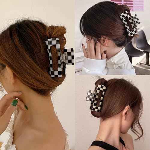 Checkered Rectangle Hair Claw Clips, Large Acrylic Multicolored Square Checker Barrettes for Thin Thick Hair Cute Non Slip Hair Jaw Clips Strong Hold Rectangle Claw Clamps for Women Ladies (4 Pack)