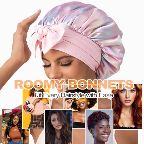 GDTOGRT Satin Silk Bonnet for Sleeping Women - Double Layer Sleep Hair Bonnets Caps for Curly Braid Hair with Tie Band