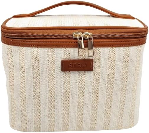ANEW Cosmetic Bag - Stylish Striped Train Case in Beige/Tan | Perfect for Travel & Organization