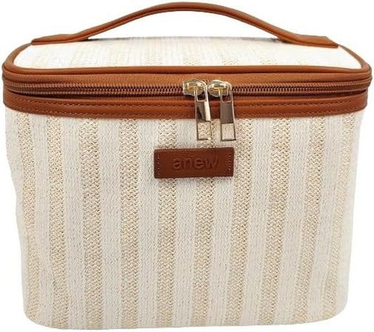 ANEW Cosmetic Bag - Stylish Striped Train Case in Beige/Tan | Perfect for Travel & Organization