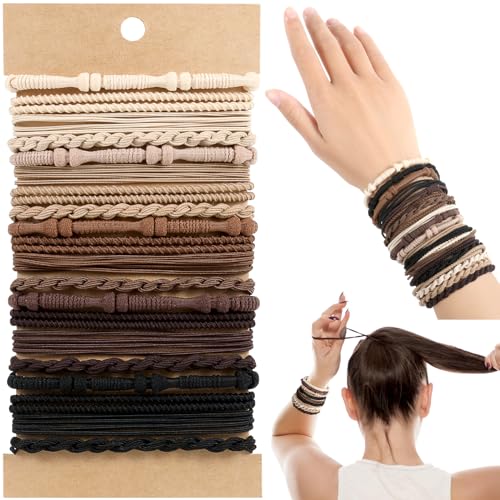 Boho Hair Ties, 20 PCS of 4 Styles Cute Bands for Thick or Thin Hair, No Damage Elastic Bracelets, Brown Hair Accessories for Girls and Women