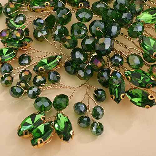 Green Crystal Rhinestone Hair Comb, Handmade Fashion Jewelry Hair Accessory for Women and Girls, Teardrop Rhinestone Headband with Green Beads, Size 15*10CM, Ideal for Wedding and Parties