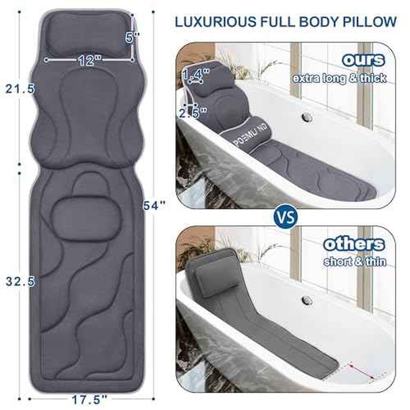 Full Body Bath Pillow for Tub - Extra Long & Thick Tub Pillow with Head, Back & Lumbar Support, 168 Non-Slip Suction Cups, Soft 5D Mesh Spa Cushion, Fits All Tubs-Gift for Soaking(Gray)