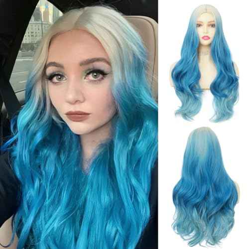 Blonde Blue Long Curly Wigs for Women 26 Inch Wavy Synthetic Middle Part Colourful Hair Wigs for Halloween Cosplay Use