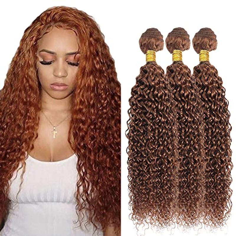 Brown curly Bundles Color #30 Human Hair Bundles Light Kinky Curly Bundles 14 16 18 Inch Mixed Length 3 Bundles Real Brazilian Virgin Auburn Human Hair Extensions Color #30 KInky Curly Bundle