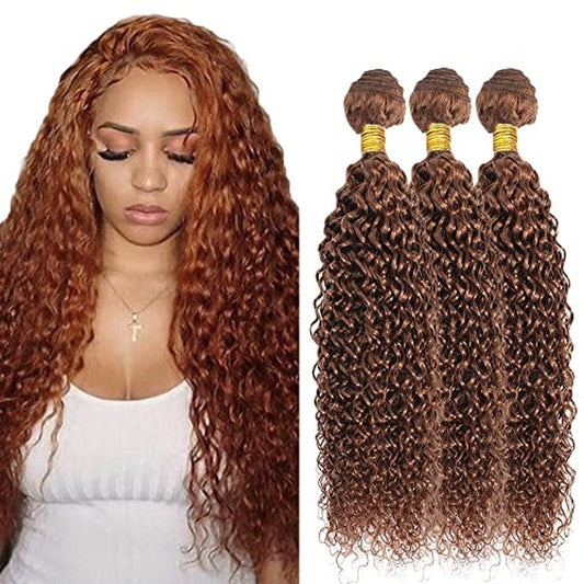Brown curly Bundles Color #30 Human Hair Bundles Light Kinky Curly Bundles 14 16 18 Inch Mixed Length 3 Bundles Real Brazilian Virgin Auburn Human Hair Extensions Color #30 KInky Curly Bundle