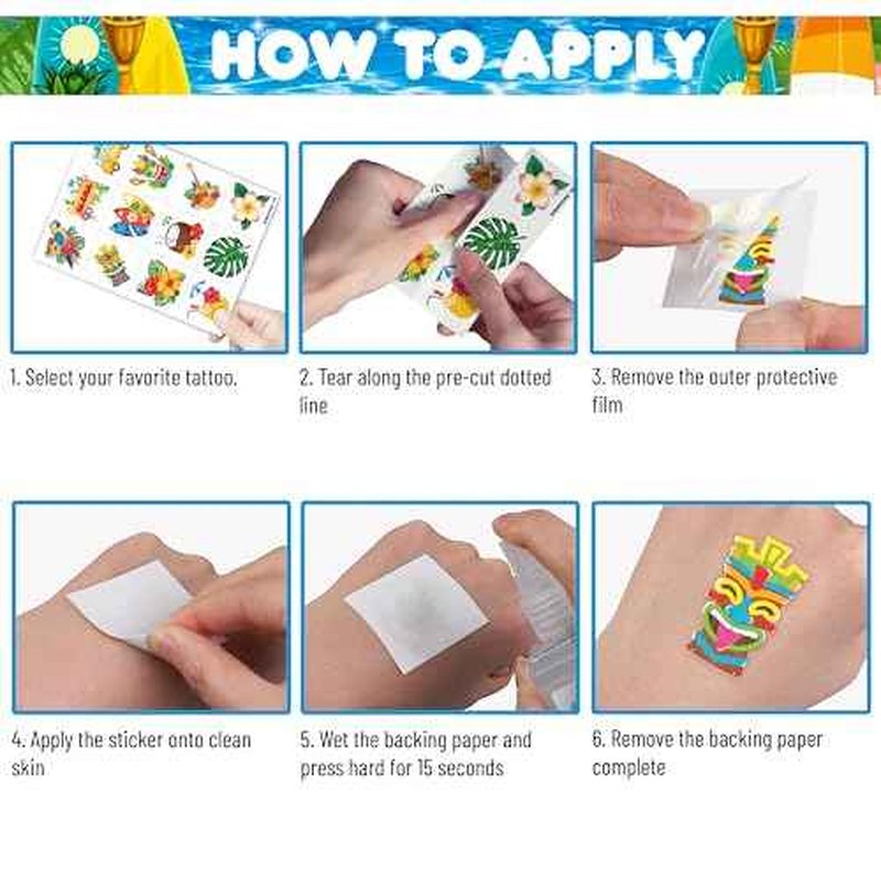96 PCS Hawaiian Luau Pre-Cut Temporary Tattoos for Kids | Super Cute Themed Birthday Party Favors, Supplies, Decorations, Summer Fake Tattoo Stickers (Multiple)