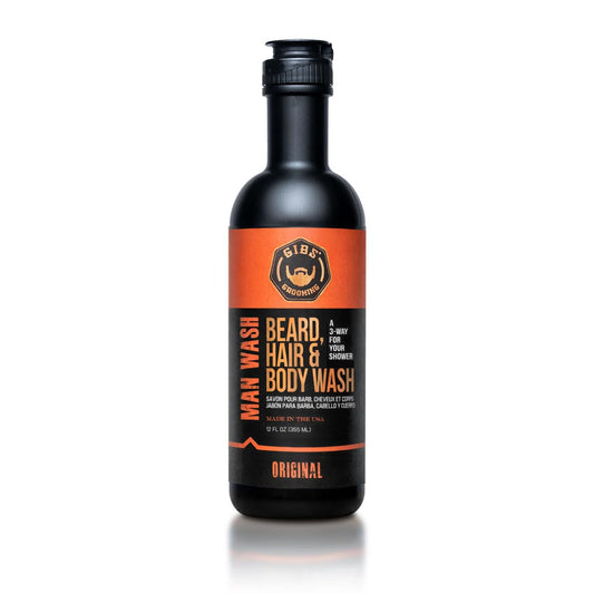 GIBS Grooming - Original Man Wash (12 fl oz) 3-in-1 Beard, Hair, Body Soap - Citrus, Oak, Basil Scent - Sulfate Free - Tea Tree Oil, Hemp Oil, Protein - Mens Body Wash & Mens Shampoo - Made in USA