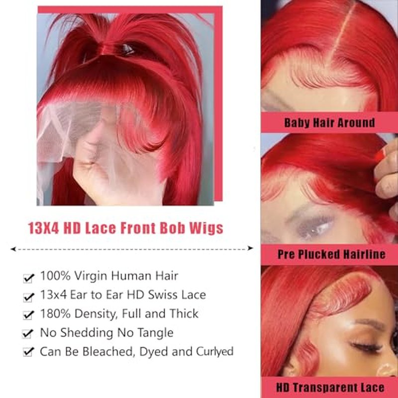 Red Bob Wigs Human Hair Pre Plucked Red Lace Front Wigs Human Hair for Black Women 180% Density Wear and Go Glueless 13x4 HD Transparent Lace Frontal Straight Short Bob Wigs 8 Inch