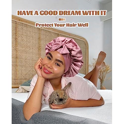 Satin Bonnet for Sleeping Cap Double Layer Hair Bonnet with Elastic Tie Band for Curly Hair Night Cap (Bean Paste + Pink)