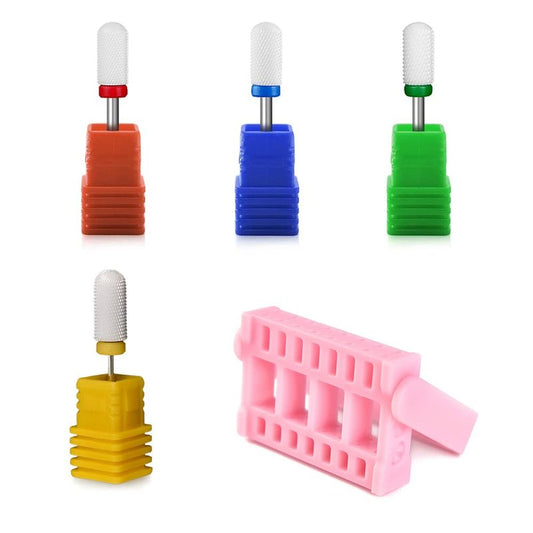 Rolabling 4 pcs Round Head Ceramic Nail Drill Bit with 1 pcs Nail Drill Bit Storage Box For Electric Nail Drill Manicure Machine Accessories Tool (Set)