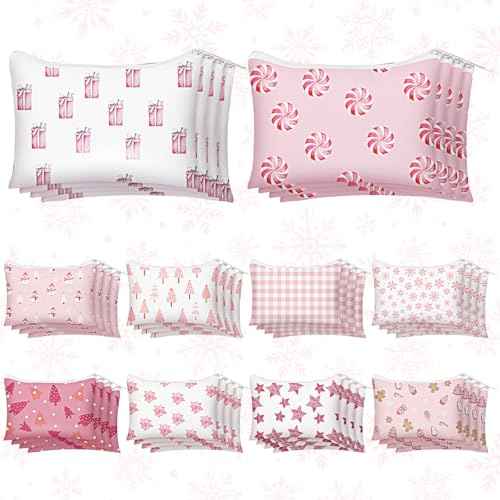 40 Pcs Pink Christmas Theme Makeup Bags Bulk Xmas Trees Snowman Snowflake Zipper Pouch Purse Christmas Cosmetic Gifts Xmas Party Favors for Women Employee Gifts Coworker Nurse Teachers