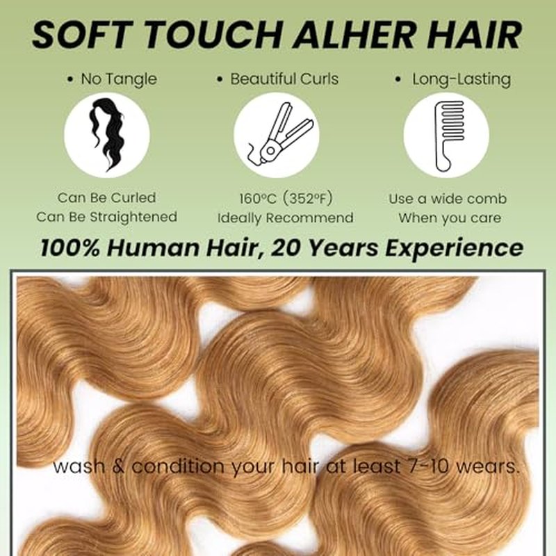 ALHER Color #27 Honey Blonde Long Deep Part 2x6 Lace Closure 16 Inch, Warm Brown Golden Blonde 2x6 Kim K HD Lace Closure Middle Part Pre Plucked With Baby Hair, 12A 100% Virgin Remy Human Hair Closure