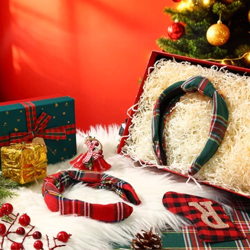 Yilloog 2pcs Christmas Headbands for Women Knotted Buffalo Plaid Hairband Fashionable Wide Top Knot Hair Bands Hair Accessories for Xmas Gifts