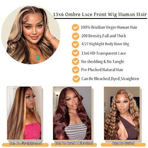 Sunelk Highlight Wig 200 Density 13x6 Lace Front Wigs Human Hair 24 Inch Ombre Body Wave Lace Front Wigs Human Hair Pre Plucked Honey Blonde Wig HD Lace Frontal Glueless Wig for Women
