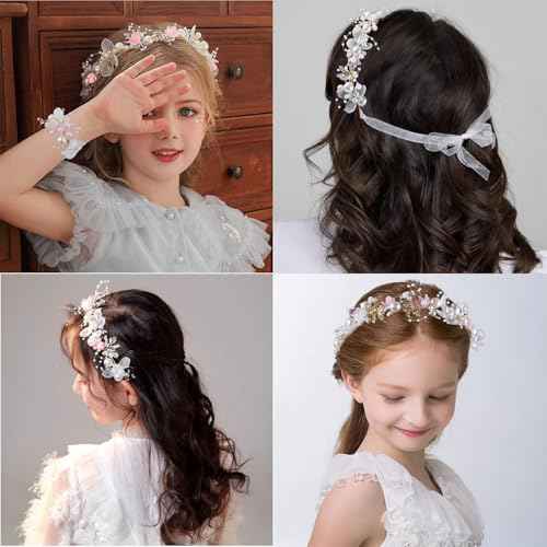 LAPOHI 2 Pieces Wedding Flower Headpieces for Girls, Flower Girl Hair Accessories for Wedding Rhinestones Flower Headband Fairy Pearl Flower Crown for Girls Bridal Crystal Flower Tiara for Women