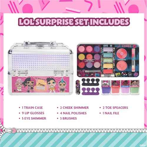 L.O.L. Surprise! Train Case Cosmetic Makeup Set Includes Lip Gloss, Eye Shimmer, Nail Polish, Hair Accessories & More, Perfect for Parties, Sleepovers & Makeovers, Ages 5+, by Townley Girl