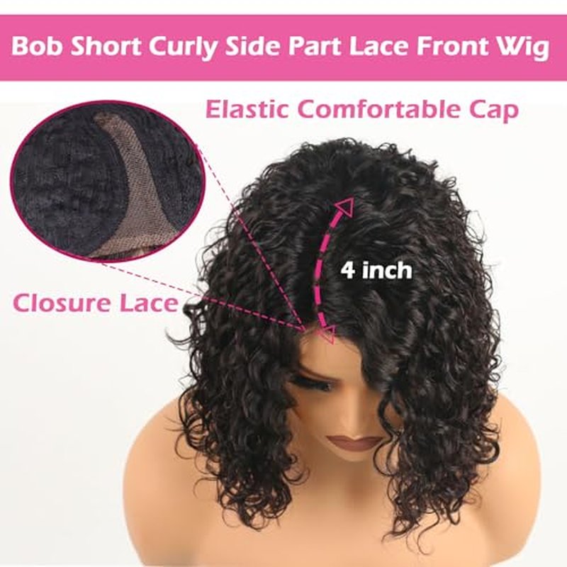 12 Inch Deep Curly Bob Wig Short Curly Human Hair Wigs for Women Jerry Curl Side Part Lace Front Wigs 100% Brazilian Remy Human Hair Wear and Go Glueless Wig 12A Natural Color