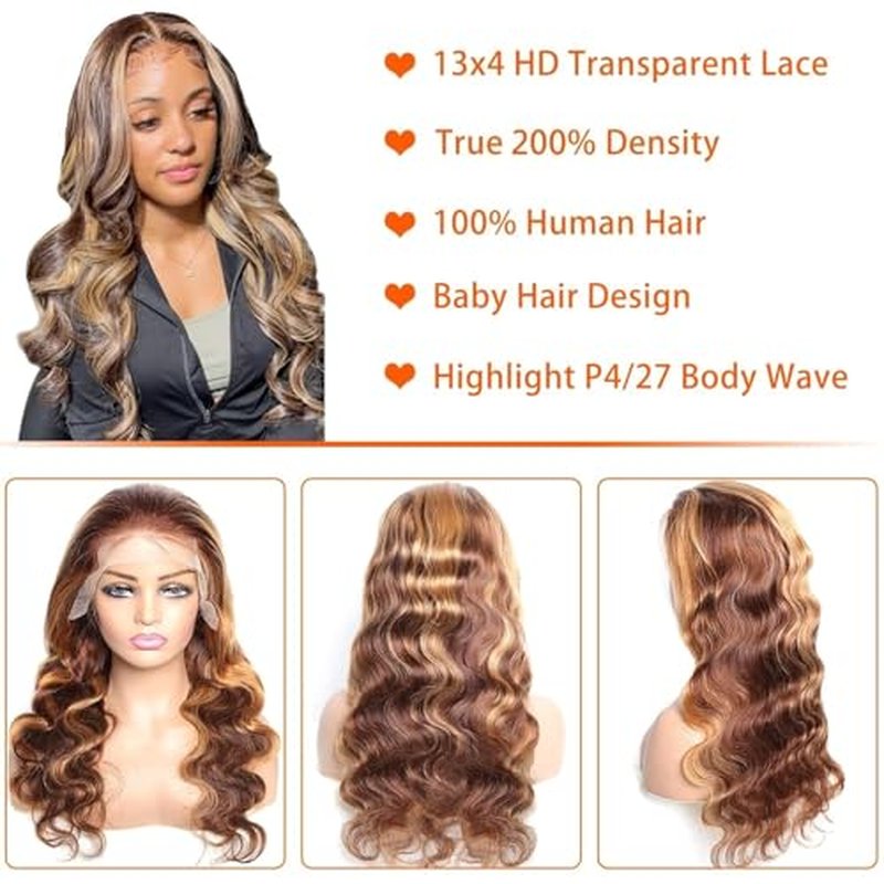 13x4 Highlight Ombre Lace Front Wig Human Hair Pre Plucked 4/27 Honey Blonde HD Transparent Colored Lace Frontal Wigs For Women with Baby Hair 200% Density Body Wave Lace Front Wig (16 Inch)