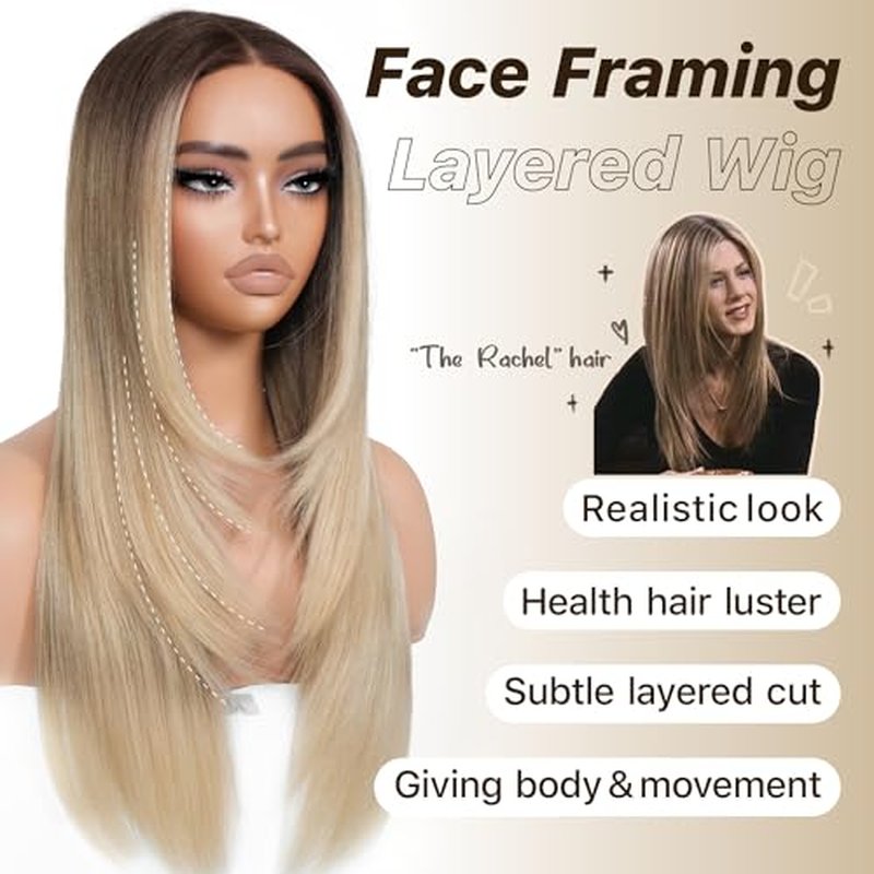 Ombre Blonde Wear and Go Glueless Wigs Pre Plucked Pre Cut for Beginners Synthetic Lace Front Wigs With Bangs Blonde Long Layered Straight Wigs 26 Inch 3 Seconds to Wear for Beginners