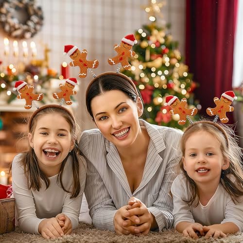 2 Pieces Gingerbread Headbands with Glitter Surface and 3D Santa Hat Cute Brown Gingerbread Hair Hoop Headpiece for Xmas Festival Party Holiday Themed Events