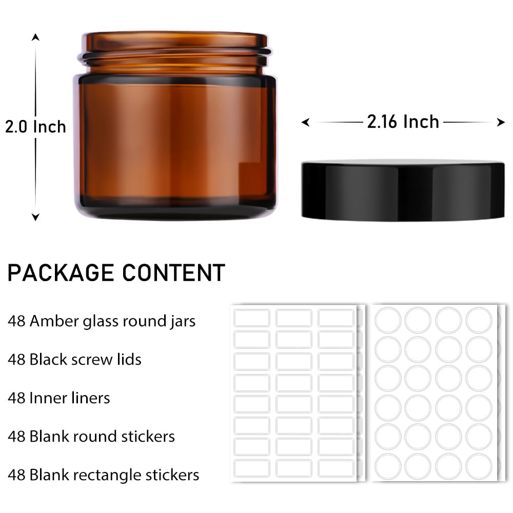2 oz Glass Jars with Lids, 48 Pack Small Amber Glass Jars with Black Lids