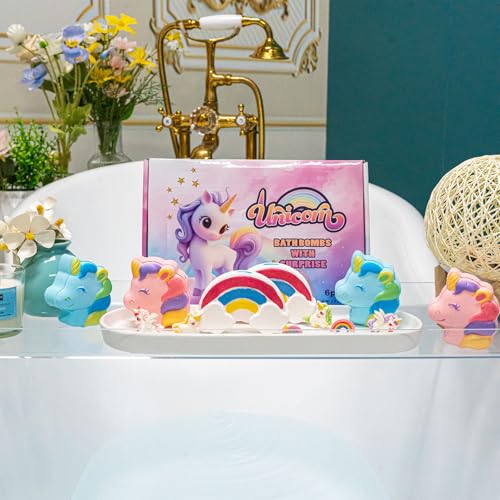 Rainbow Unicorn Bath Bombs Gift Set,6 Pcs Natural Handmade Bathbomb with Toys Surprise Inside for Girls Boys for Kids, Organic Bath Bomb for Christmas or Birthday Gift