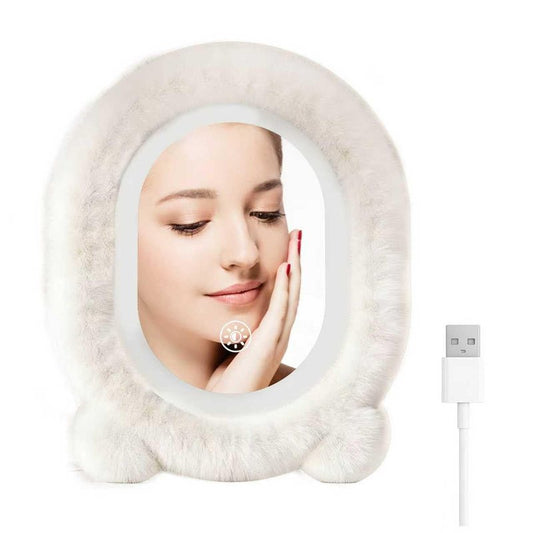 OPYNU Plush Makeup Mirror with Lights,15.8"×11.8" LED Makeup Mirror,Vanity Mirror Touch Screen with 3-Color Lighting,Lighted Up Mirror for Makeup Desk, Bedroom, Dressing Room,Women's Gift(White)