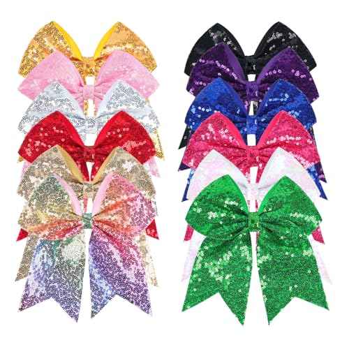 12-Color Jumbo Glitter Cheer Bow Clip ? 7¡± Sequin Hair Bow for Girls, Perfect for Softball, Uniforms, Christmas, Halloween, and Special Occasions