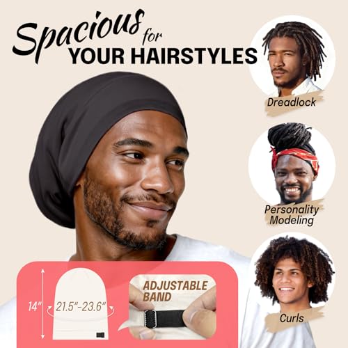 Large Satin Bonnet for Men Sleeping: Loc Cap Dreadlocks for Curly Braids Wave, Silky for Frizzy Hair Smooth, Adjustable No Slip Black