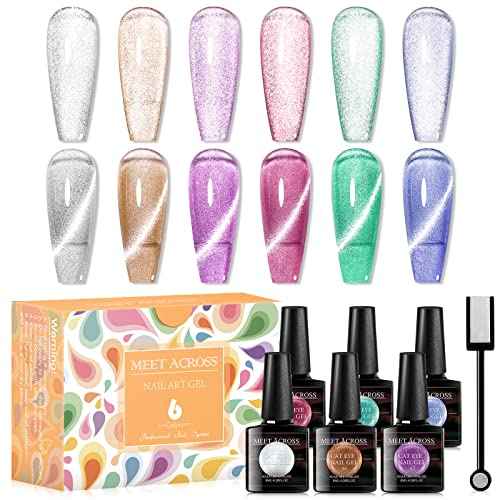 MEET ACROSS Ice Cat Eye Gel Nail Polish Set Soak Off UV LED Light Starry Sky Effect Magic Gel Nail Polish Kit Manicure Nail Art Gift Kit 6 Colors Free Magnet Stick