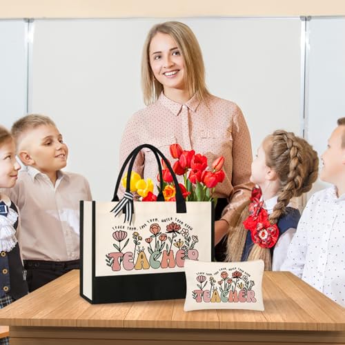 Teacher Appreciation Gifts, Canvas Tote Bag and Makeup Bag Set for Women