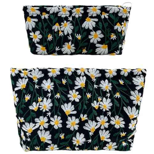2 Pcs Makeup Bags, Large Cosmetic Bag Travel Toiletry Bag Organizer for Women, Embroidery Craft, Floral Makeup Bag Small Cosmetic Pouch Purse with Zipper Gifts for Girls Teen