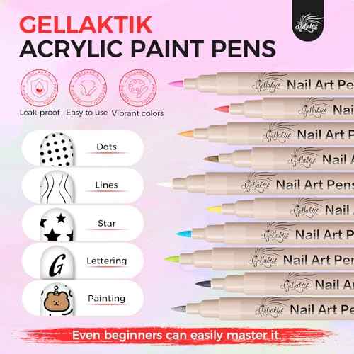 6 Colors Nail Art Pens Set, 3D Nail Polish Pens Quick-Drying Acrylic Paint Markers, Dotting Liner Brush for DIY Nail Design, Home & Salon Manicure Tools